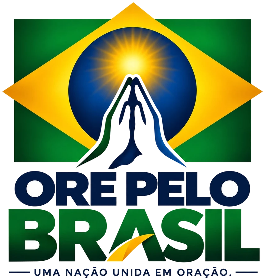 Logo Ore pelo Brasil: mãos em oração diante do sol, sobre a bandeira do Brasil. Uma nação unida em oração.